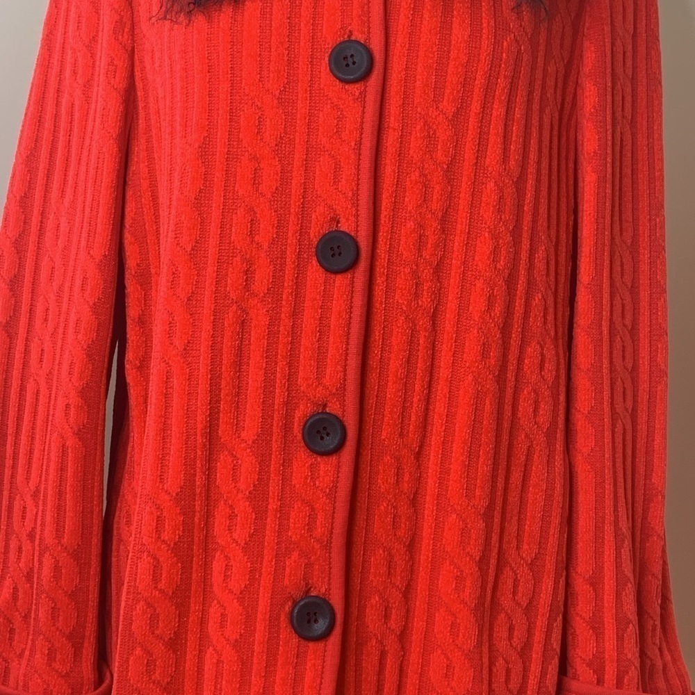 Lola Made in Italy Red Black Cable Knit Fur Collar Duster Cardigan Coat 8 44 - Picture 5 of 17